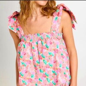 Something Navy Pink Floral Tie Shoulder Smocked Tank Top Size Medium
